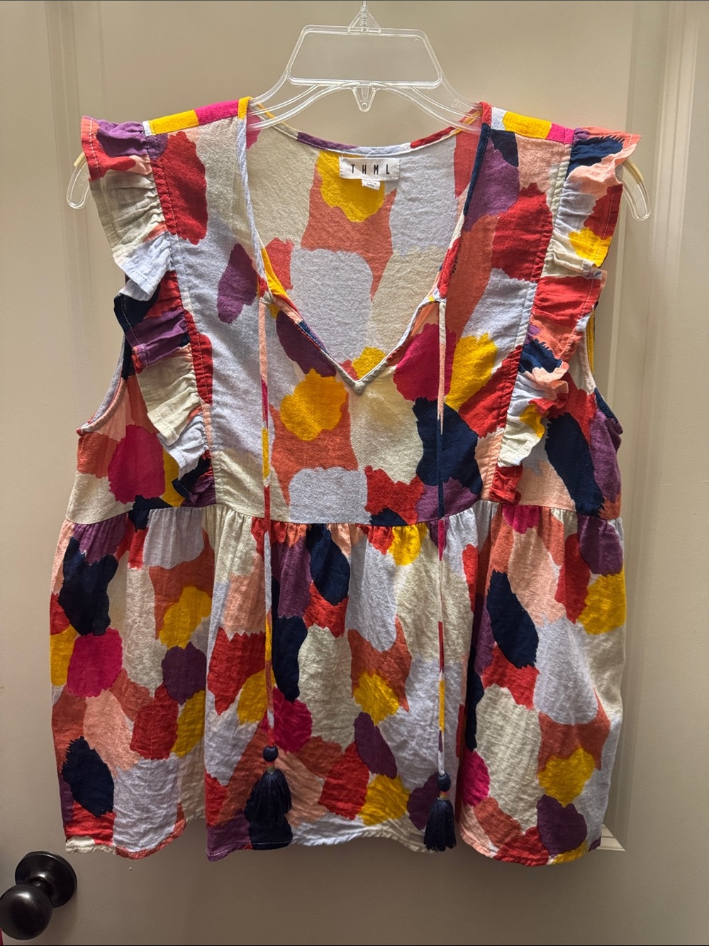THML Multicolor Ruffle Flutter Top in Pink, Yellow & Navy